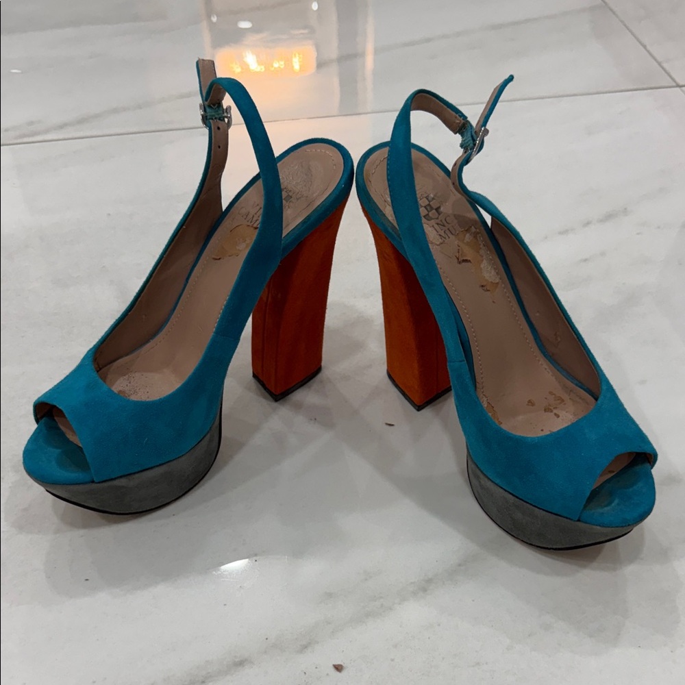 Vince Camuto Teal Slingback Peep-Toe Platforms with Orange Block Heels